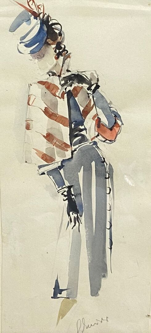 Ensemble deux aquarelles comprenant - - une femme habillée à la façon des année…