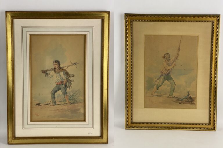 Ercole TRACHEL (1820-1872) - Chasseur et pêcheur - Deux aquarelles sur papier -…