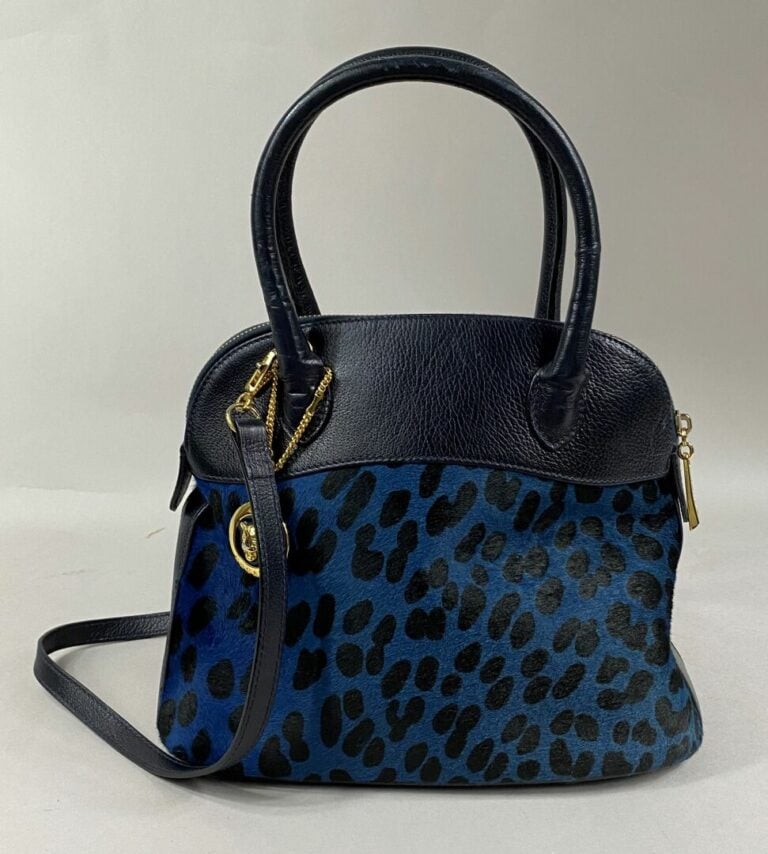 ESCADA - Sac porté main ou bandoulière en cuir grainé bleu marine et imitation…