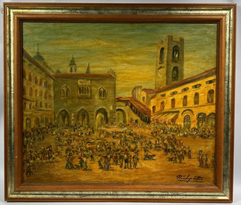 Ettore PIAZZALUNGA (1921) - Piazza vecchia di domenica - Huile sur toile, signé…