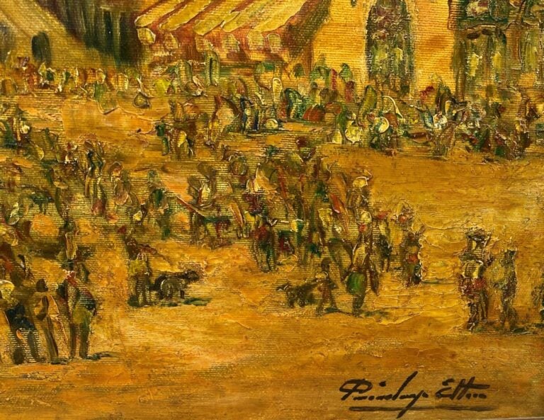 Ettore PIAZZALUNGA (1921) - Piazza vecchia di domenica - Huile sur toile, signé…
