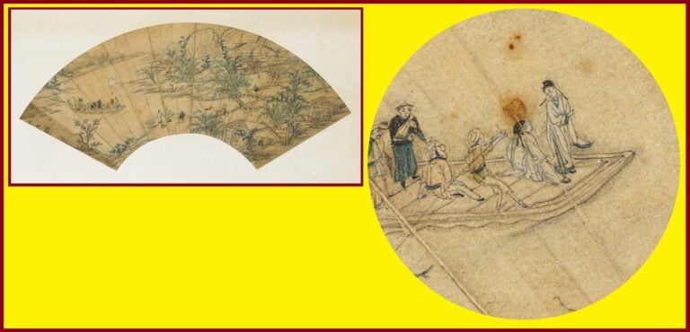 EVENTAIL PLISSE A DECOR D'IMMORTELS TAOISTES - Chine, Dynastie Qing - Encre et…