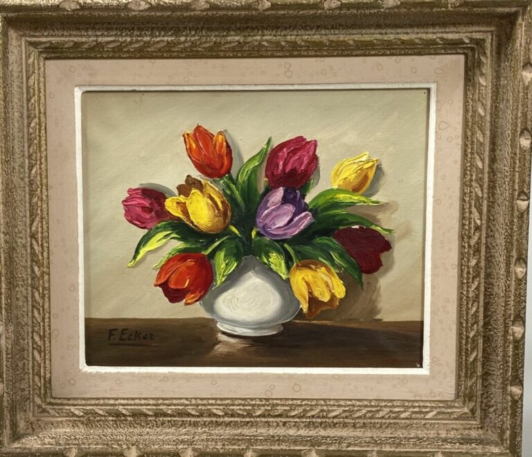 F. ECKER - Vase de tulipes - Huile sur toile, signé een ba sà gauche - 22 x 27…