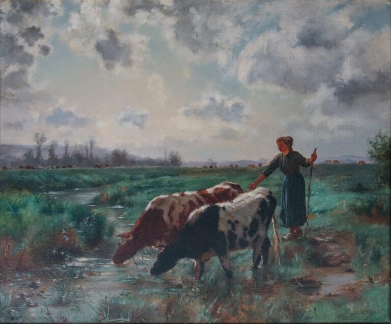 F. KLEINMANS (fin XIXème-début XXème siècle) - Paysanne et vaches - Huile sur t…