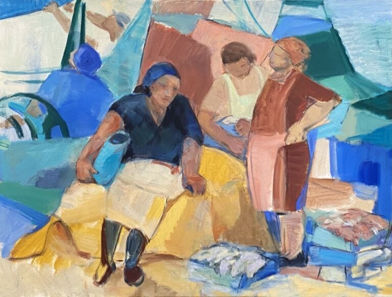 Femme au port - Huile sur toile, - 65 x 81 cm