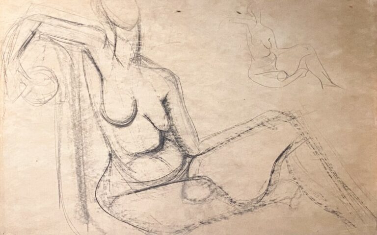 Femme nue assise, double face - Huile sur carton, au dos esquisse au fusain - 8…