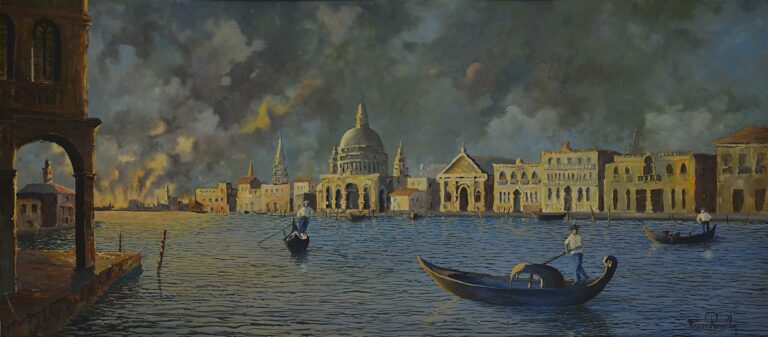 Fernand ROSELLO (XXème siècle) - Incendie sur le Grand Canal - Huile sur pannea…