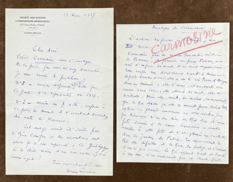 Février, Henry L.a.s. - Lettre: analyse de Carmosine 1937.