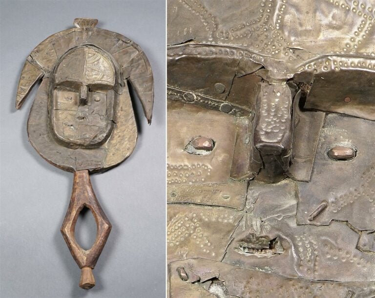 Figure de reliquaire en bois plaqué de feuilles de laiton agrafées . Il représe…