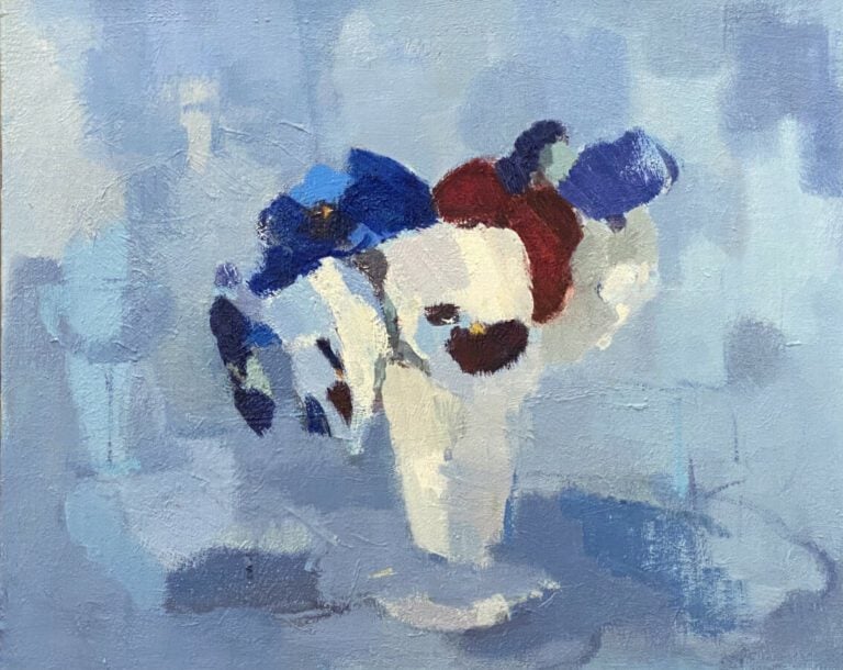 Fleurs dans un vase (2) ; le lac ; la ville - Quatre huile sur toiles - 38 x 46…