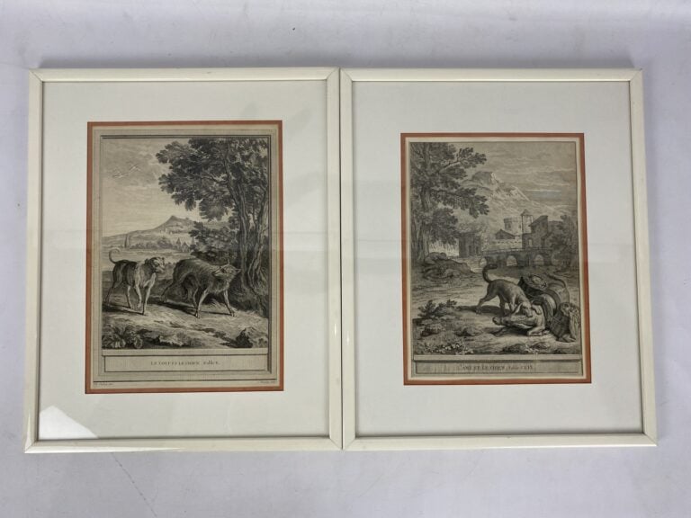 Fort lot de gravures encadrées sous verre dont les Fables de La Fontaine, Le pe…
