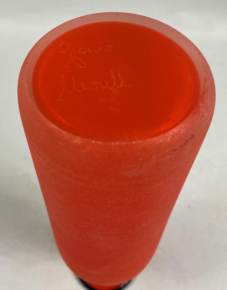 Franco MORETTI - Vase bouteille en verre de Murano coloré givré orange à col ap…