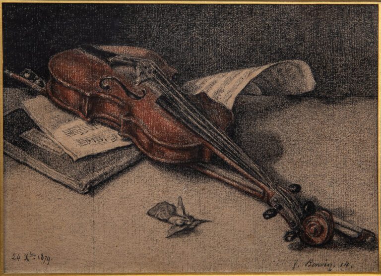 François BONVIN (1817-1887). - Nature morte au violon - Dessin au dessin et cra…