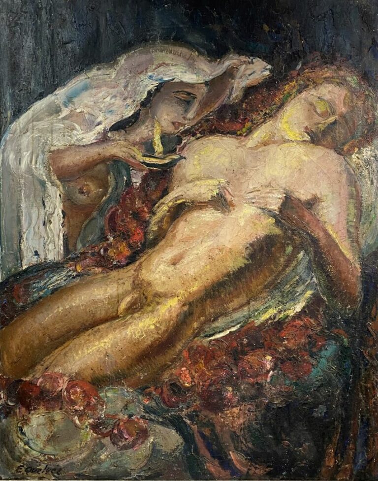François QUELVÉE (1884-1967) - Psyché surprenant l'Amour endormi - Huile sur to…