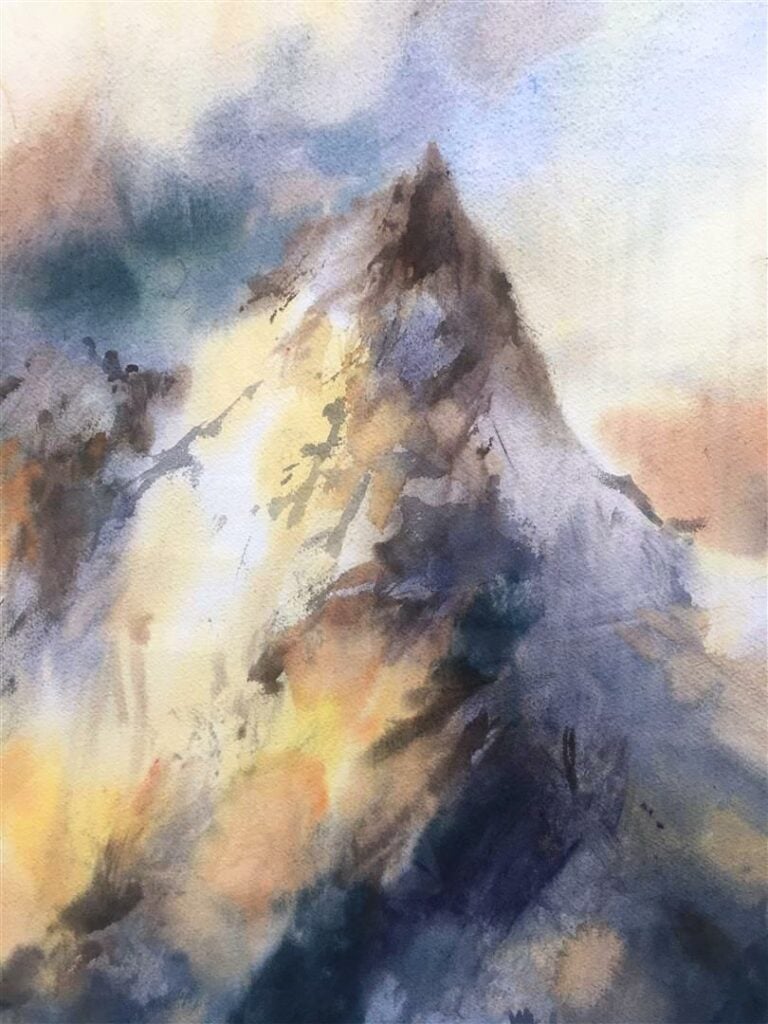 FU JI TSANG - Dessin à l'encre de Chine, lavis et aquarelle - Coucher de soleil…