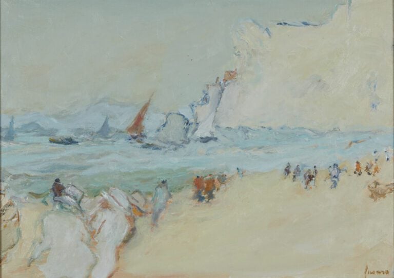 FUSARO Jean (né en 1925) - "Plage animée et voiliers dans le vente à Etretat" -…