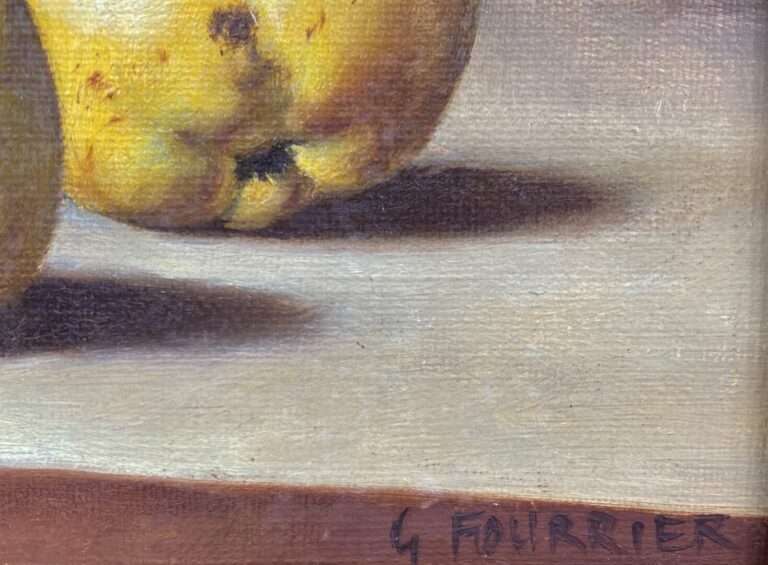 G. FOURRIER (XXe siècle) - Nature morte, pichets et pommes - Huile sur toile, s…