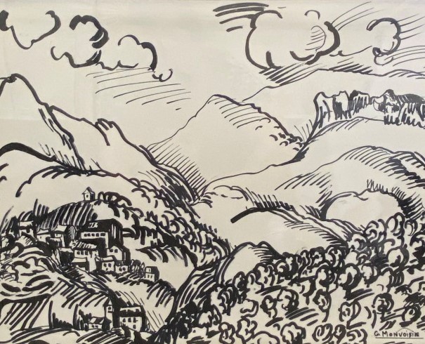 G. MONVOISIN (XXe siècle) - Vue de village de montagne - Encre sur papier, sign…