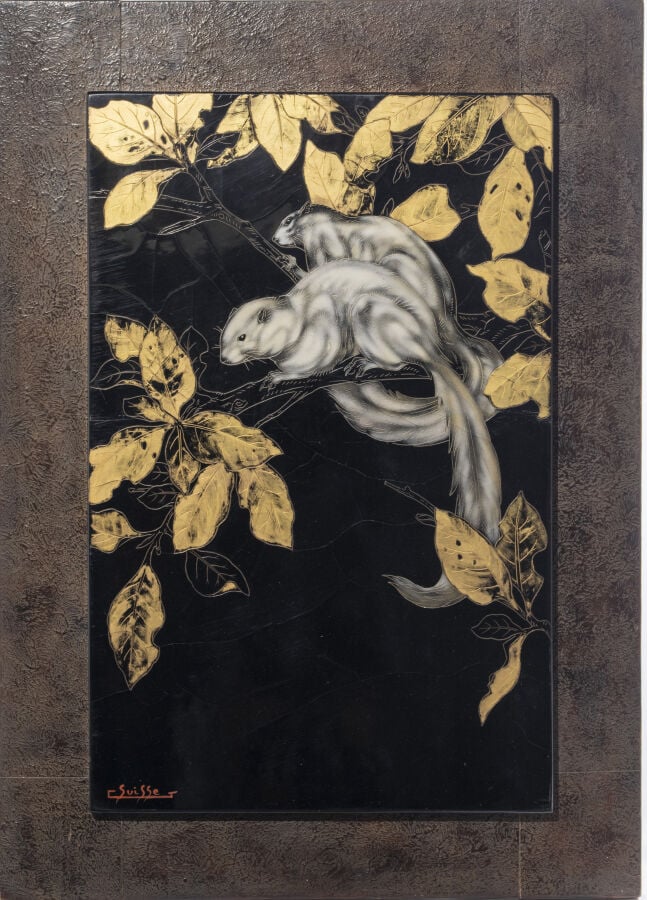 Gaston SUISSE (1896-1988) - Écureuils de Malaisie branchés. - Panneau de laque…
