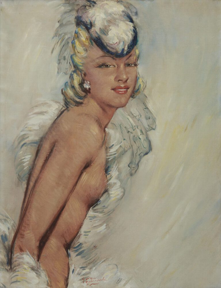 Georges GUINEGAULT (1893-1982). - Portrait de danseuse aux plumes - Huile sur t…
