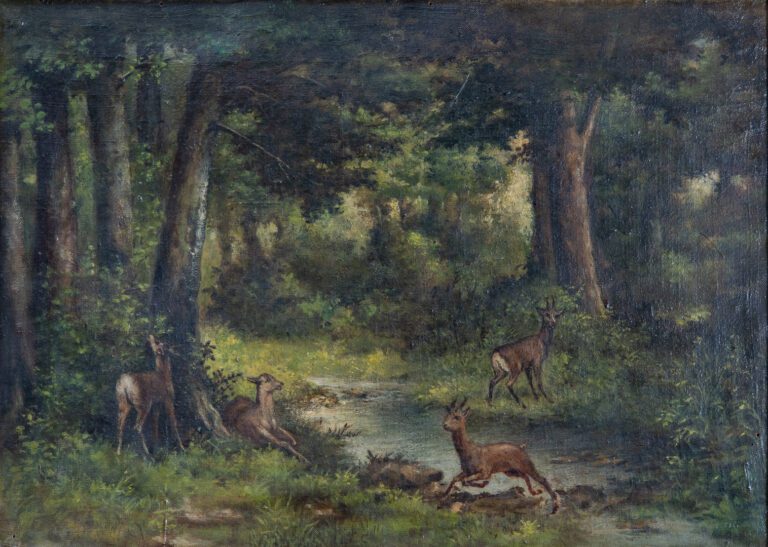 Georges SERRIER (1852-1949). - Biches en sous-bois - Huile sur toile, trace de…