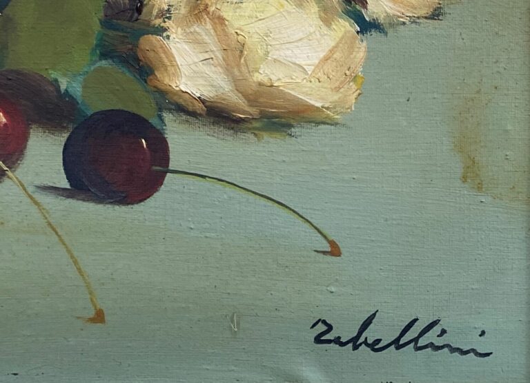 Giacomo TABELLINI (1907-1989) - Nature morte aux cerises et roses blanches - Hu…