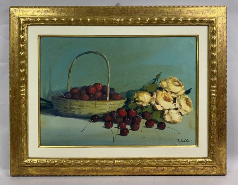 Giacomo TABELLINI (1907-1989) - Nature morte aux cerises et roses blanches - Hu…