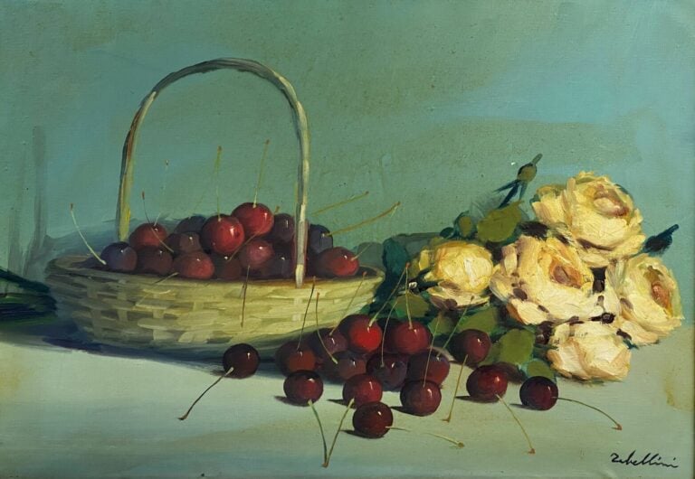 Giacomo TABELLINI (1907-1989) - Nature morte aux cerises et roses blanches - Hu…