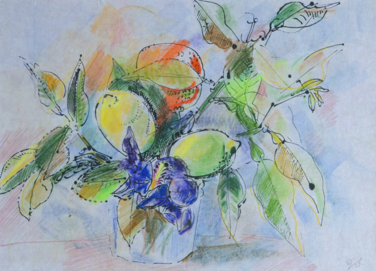 Ginette SIGNAC (1913-1980) - Citrons dans un verre Encre et pastel sur papier -…
