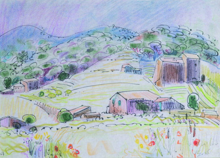 Ginette SIGNAC (1913-1980) - Paysage de montagnes, 1967 - Encre et pastel crayo…