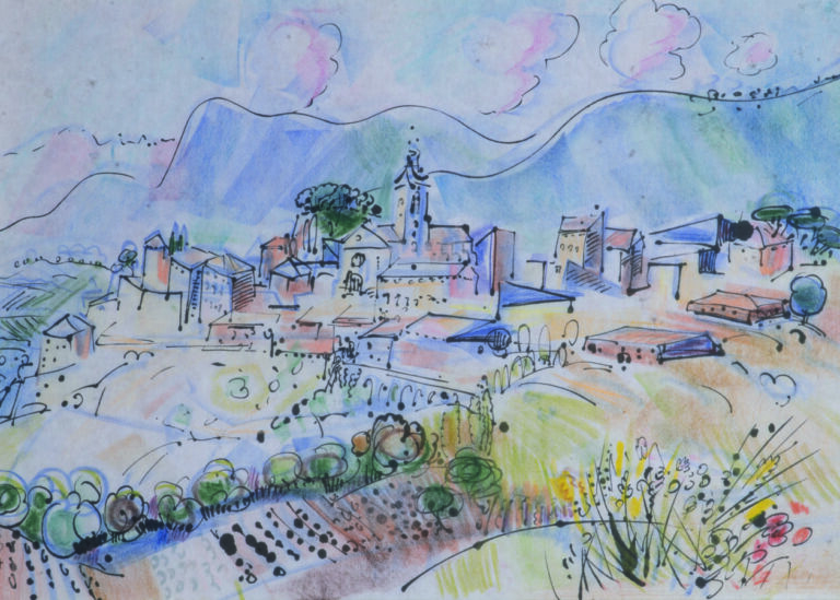 Ginette SIGNAC (1913-1980) - Village de montagne, 1967 - Encre et pastel, signé…