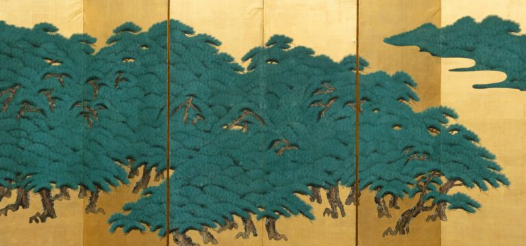 Grand byôbu (séparateur de pièce) à six panneaux avec une peinture sur feuille…