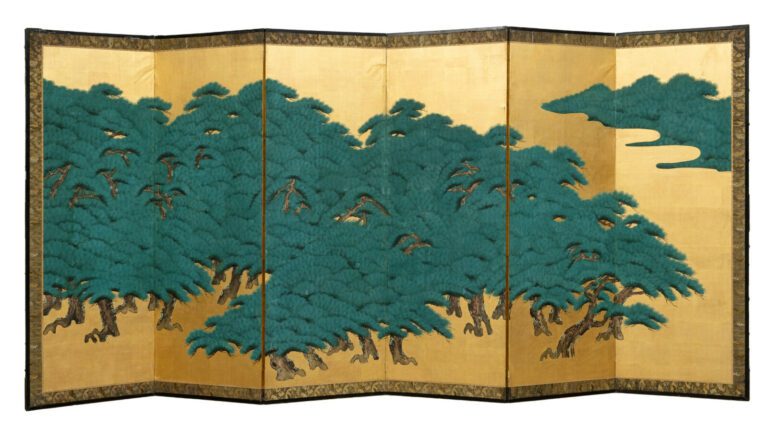 Grand byôbu (séparateur de pièce) à six panneaux avec une peinture sur feuille…