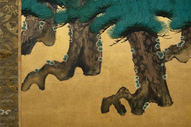 Grand byôbu (séparateur de pièce) à six panneaux avec une peinture sur feuille…
