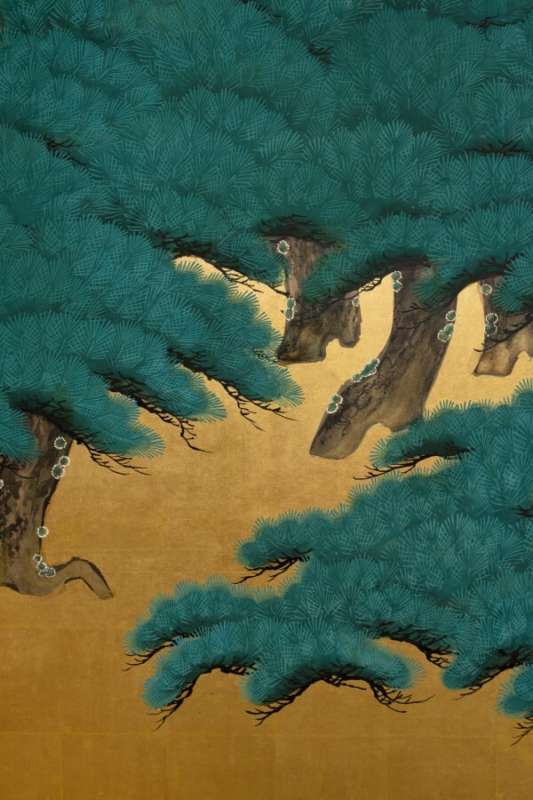 Grand byôbu (séparateur de pièce) à six panneaux avec une peinture sur feuille…
