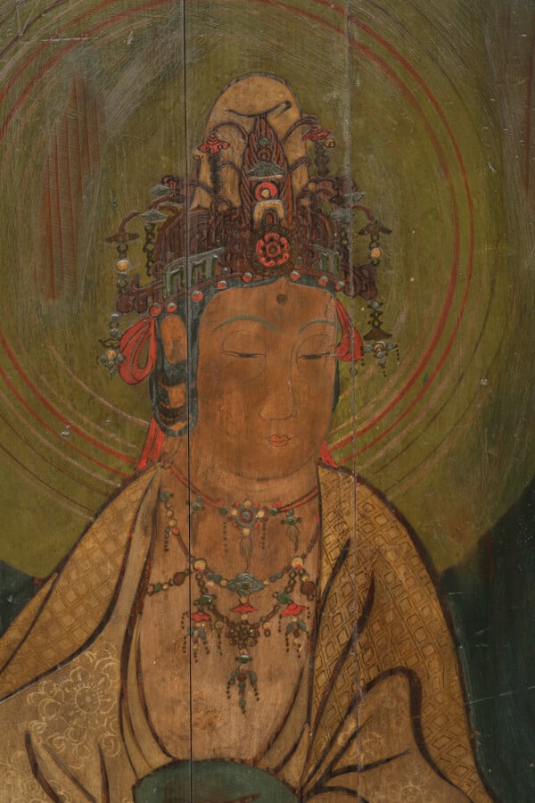 Grand ooema en bois avec une image peinte du bodhisattva Kannon (mieux connu so…