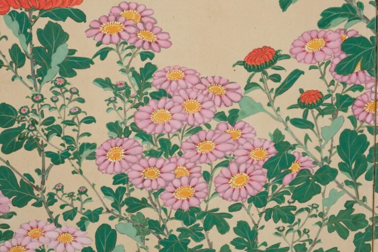Grand paravent byobu à 6 panneaux avec une peinture de fleurs de chrysanthème s…