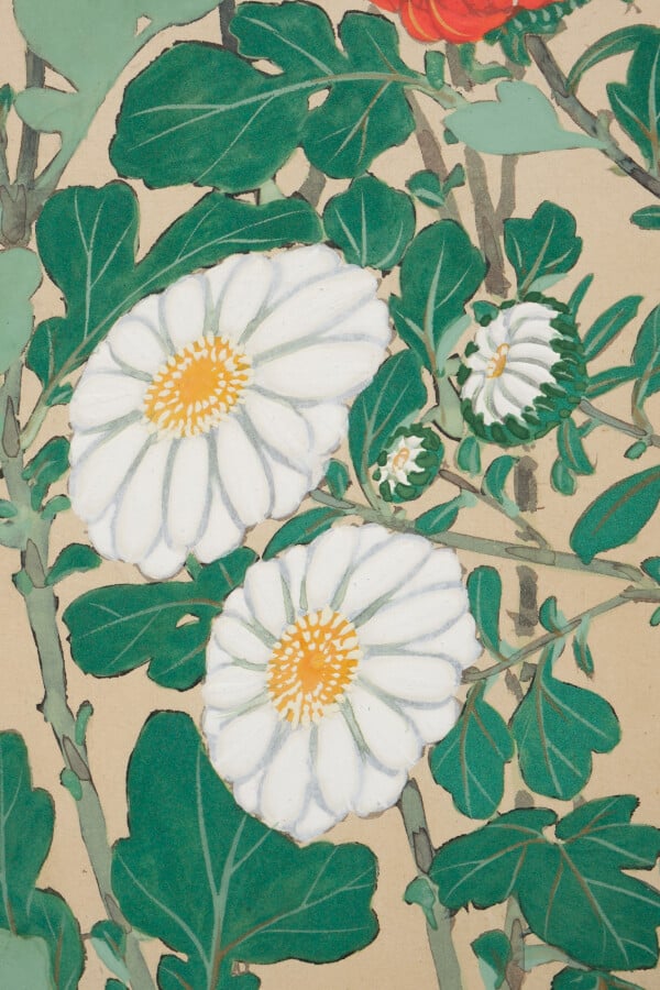 Grand paravent byobu à 6 panneaux avec une peinture de fleurs de chrysanthème s…
