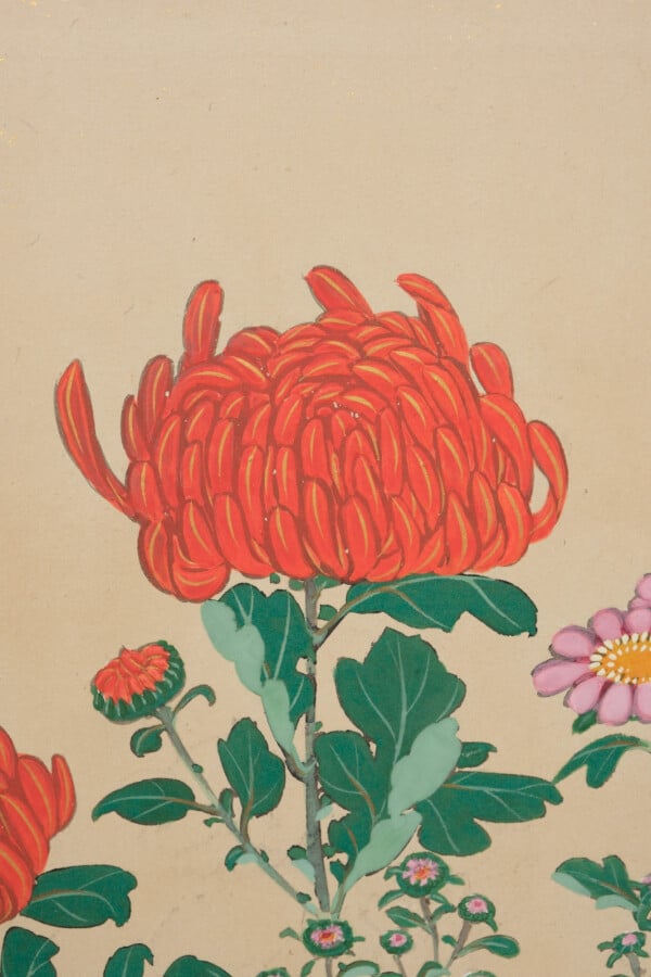Grand paravent byobu à 6 panneaux avec une peinture de fleurs de chrysanthème s…