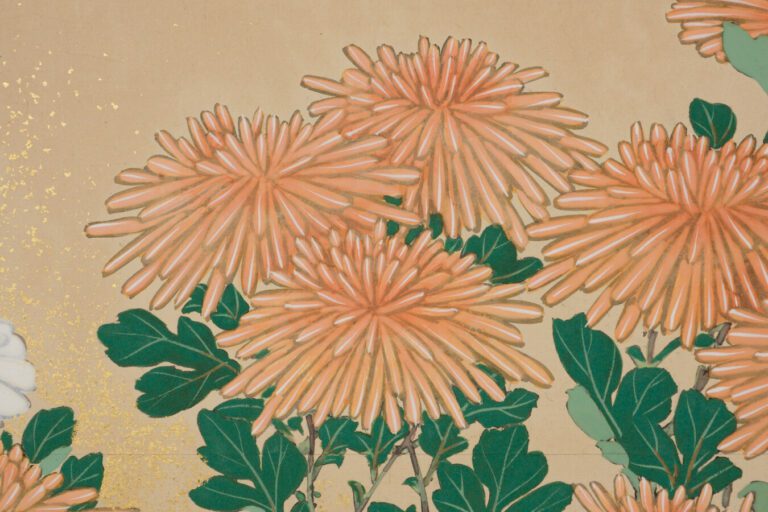 Grand paravent byobu à 6 panneaux avec une peinture de fleurs de chrysanthème s…