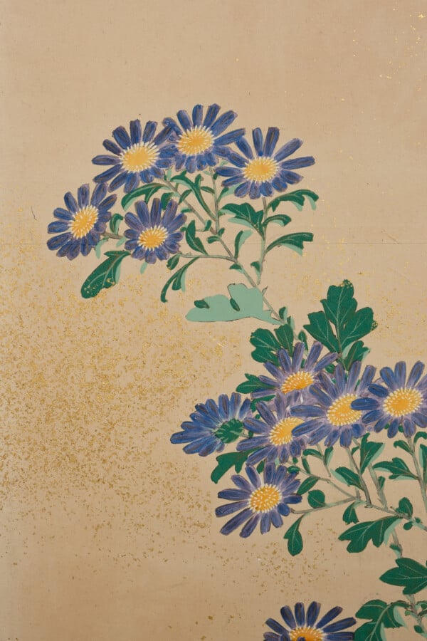 Grand paravent byobu à 6 panneaux avec une peinture de fleurs de chrysanthème s…