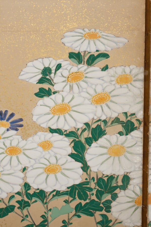 Grand paravent byobu à 6 panneaux avec une peinture de fleurs de chrysanthème s…