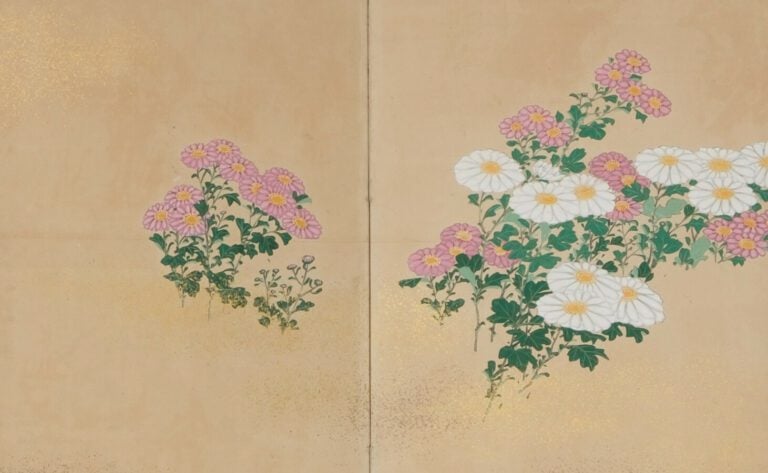 Grand paravent byobu à 6 panneaux avec une peinture de fleurs de chrysanthème s…