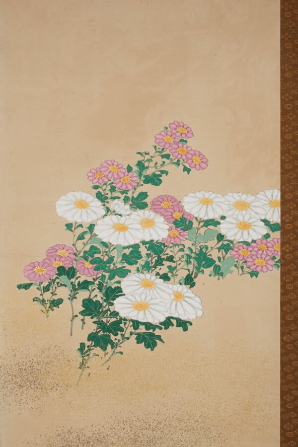 Grand paravent byobu à 6 panneaux avec une peinture de fleurs de chrysanthème s…