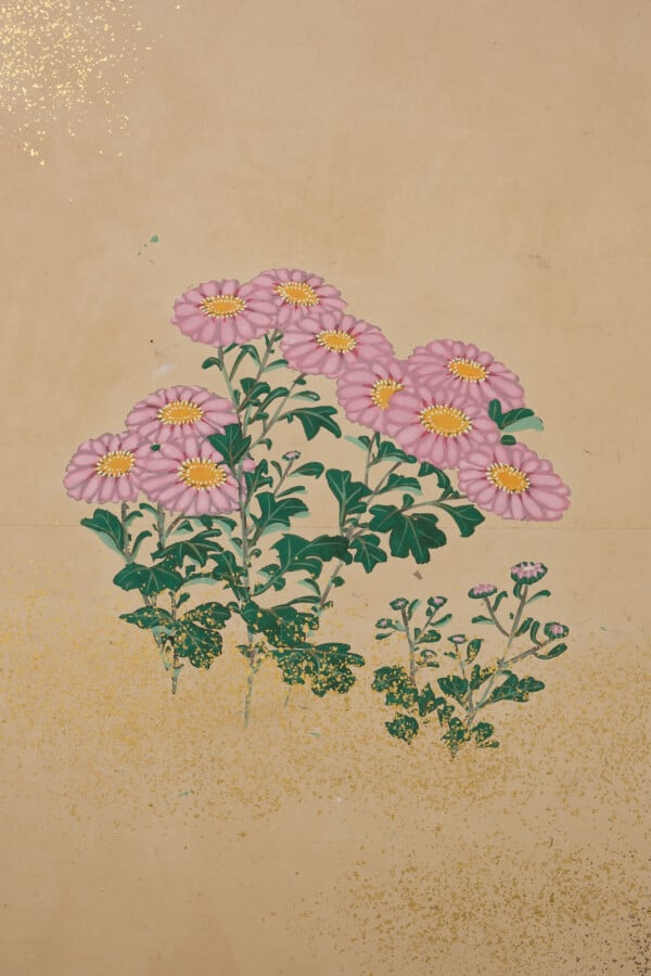 Grand paravent byobu à 6 panneaux avec une peinture de fleurs de chrysanthème s…