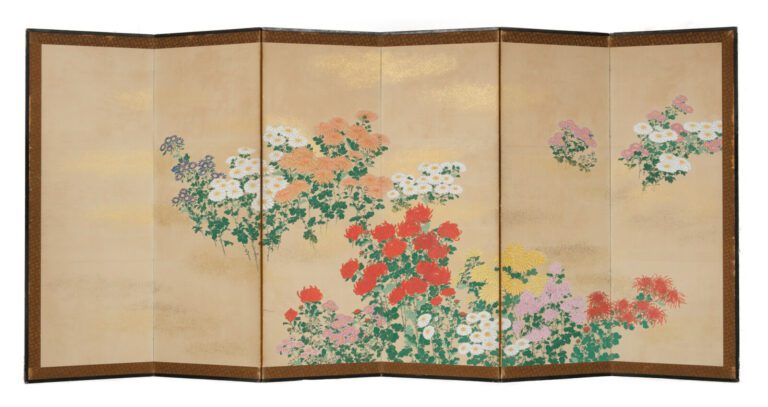 Grand paravent byobu à 6 panneaux avec une peinture de fleurs de chrysanthème s…