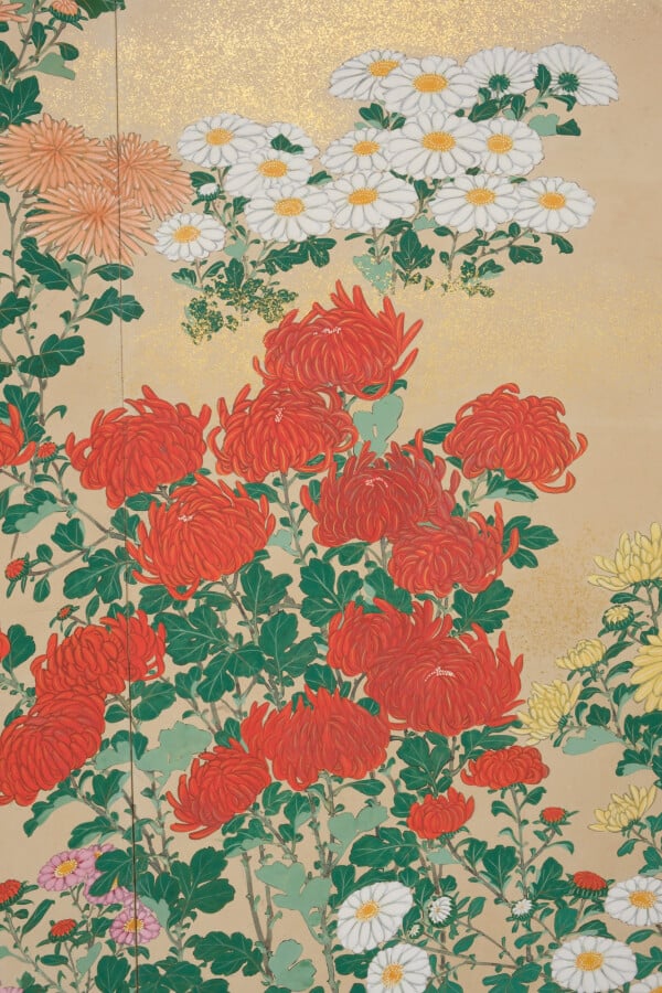 Grand paravent byobu à 6 panneaux avec une peinture de fleurs de chrysanthème s…