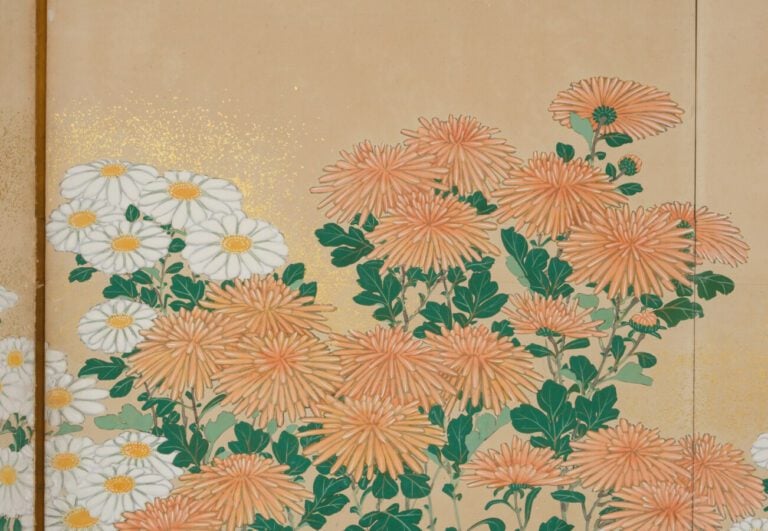 Grand paravent byobu à 6 panneaux avec une peinture de fleurs de chrysanthème s…