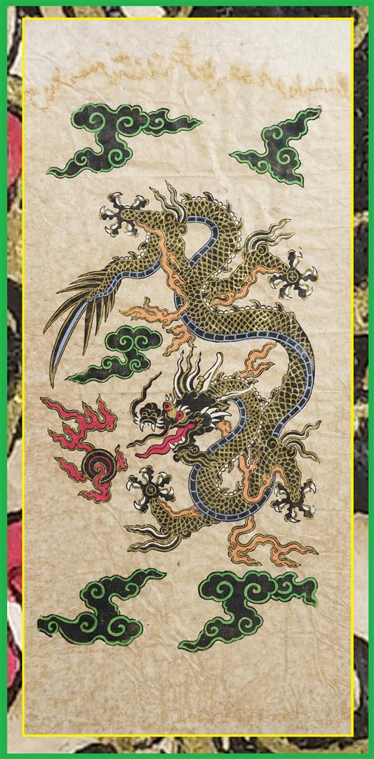 Grand pochoir sur papier donnant à voir un dragon à cinq griffes lancé à la pou…