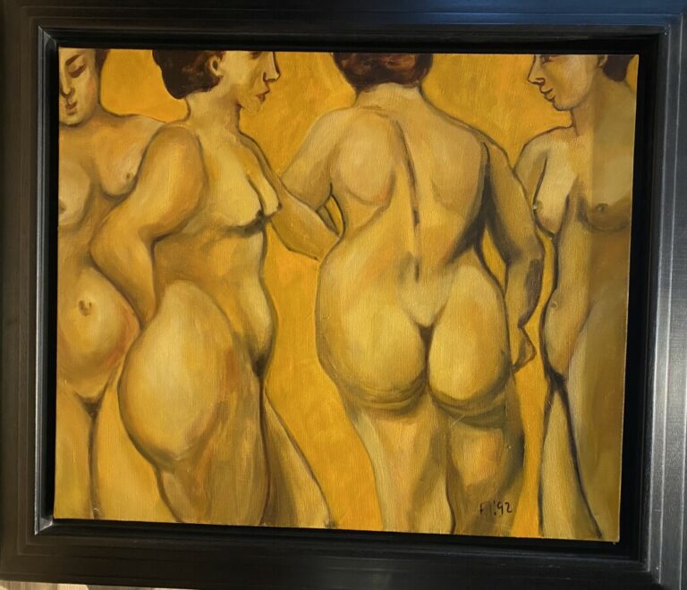 GRAND'A - Quatre nus jaunes - Huile sr toile, monogrammée en bas à droite et da…